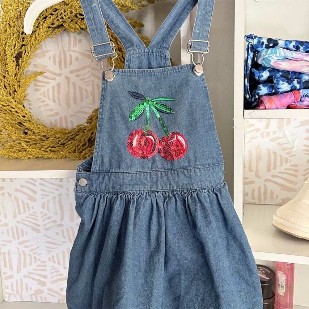 Cherry Embroidered Denim Kids Dress